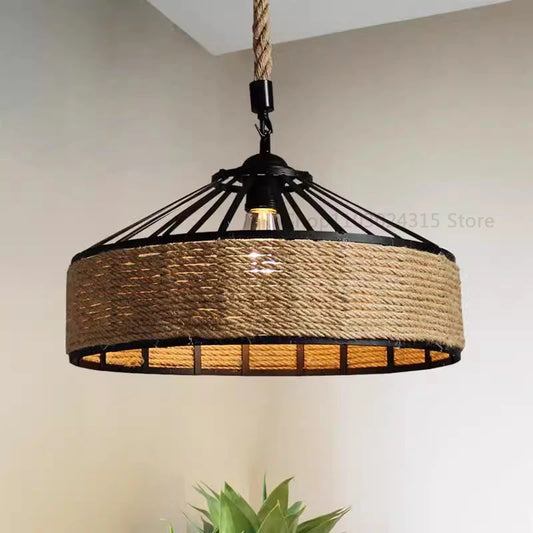 Retro Industrial Hemp Rope Pendant Lamp - Antique Iron Chandelier for Dining Room & Ceiling Lighting