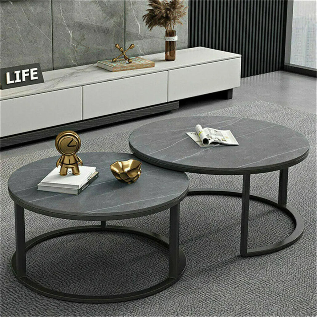 Nesting Round Coffee Table Set – Modern Space-Saving Living Room Furniture, Wood & Metal Accent Tables