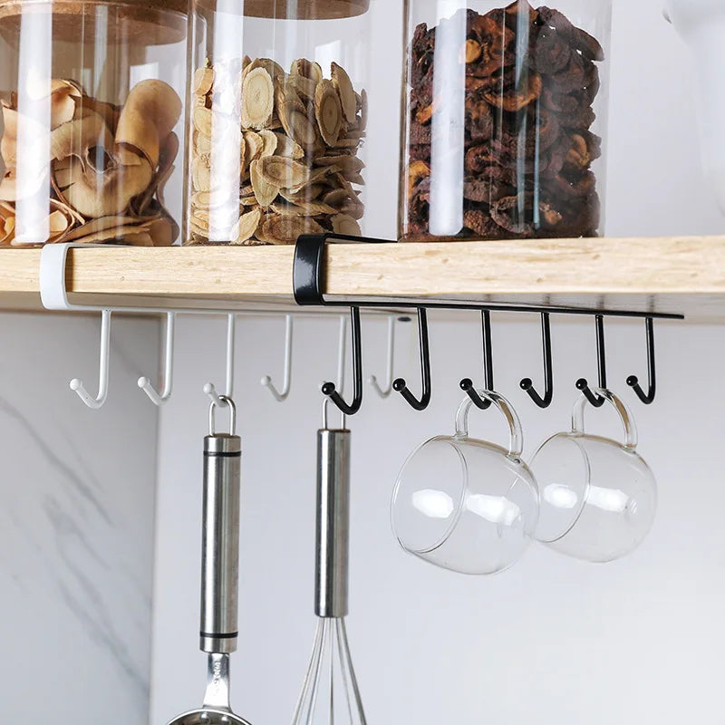 Perforation-Free Wrought Iron Cabinet Storage Rack – Multi-Functional Organizer with 6 Hooks for Kitchen and Wardrobe