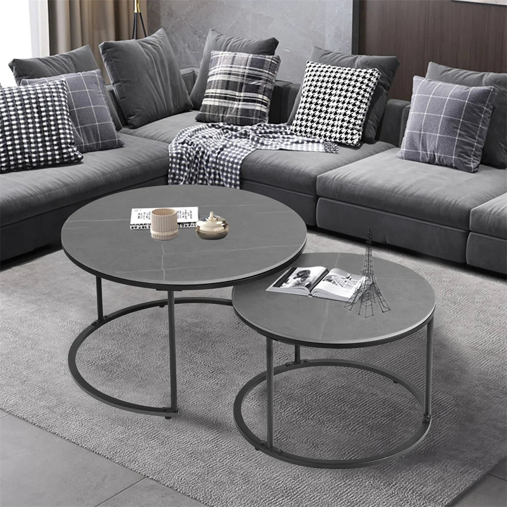 Nesting Round Coffee Table Set – Modern Space-Saving Living Room Furniture, Wood & Metal Accent Tables