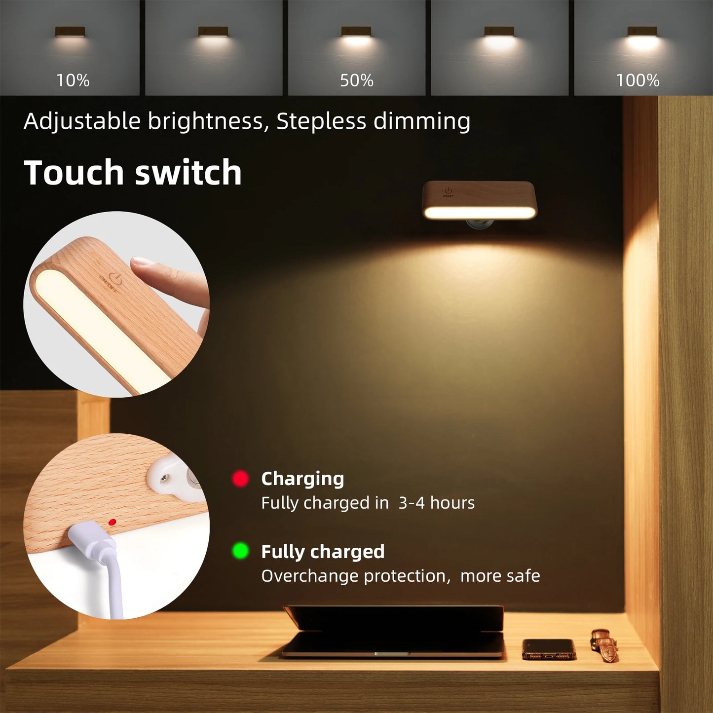 LED Beech Wood Magnetic Rechargeable Night Lights