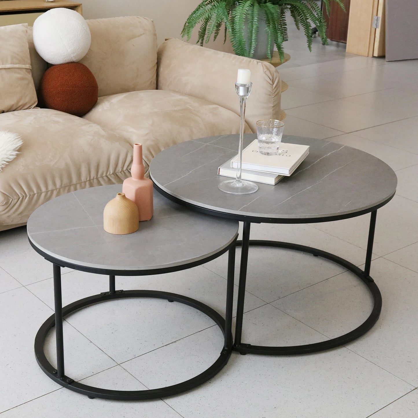 Nesting Round Coffee Table Set – Modern Space-Saving Living Room Furniture, Wood & Metal Accent Tables