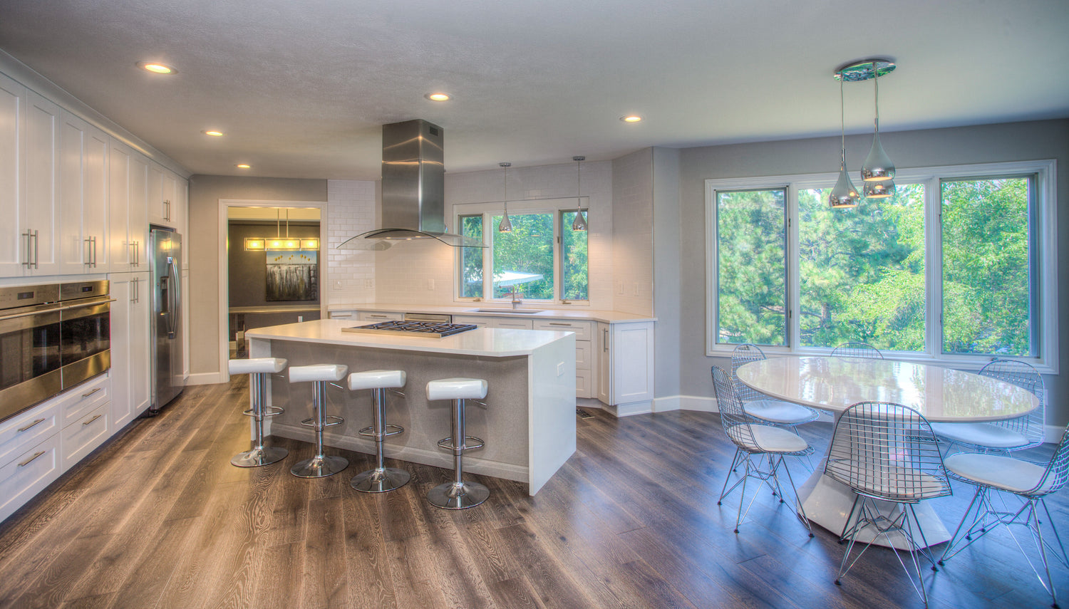 new modern kitchen with large windows